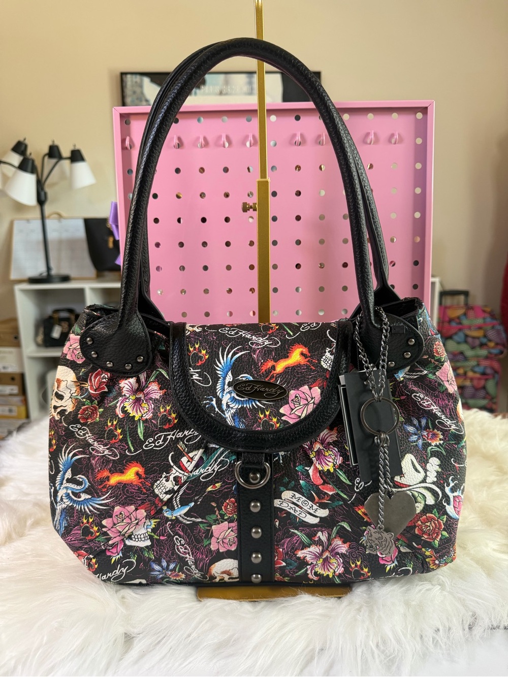 Ed Hardy Black Multi-Color Tattoo Floral Shoulder Bag